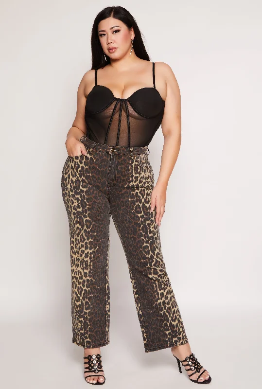 Plus Size Leopard Print Two Tone Jeans