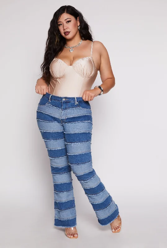 Plus Size Frayed Patchwork Boot Cut Jeans