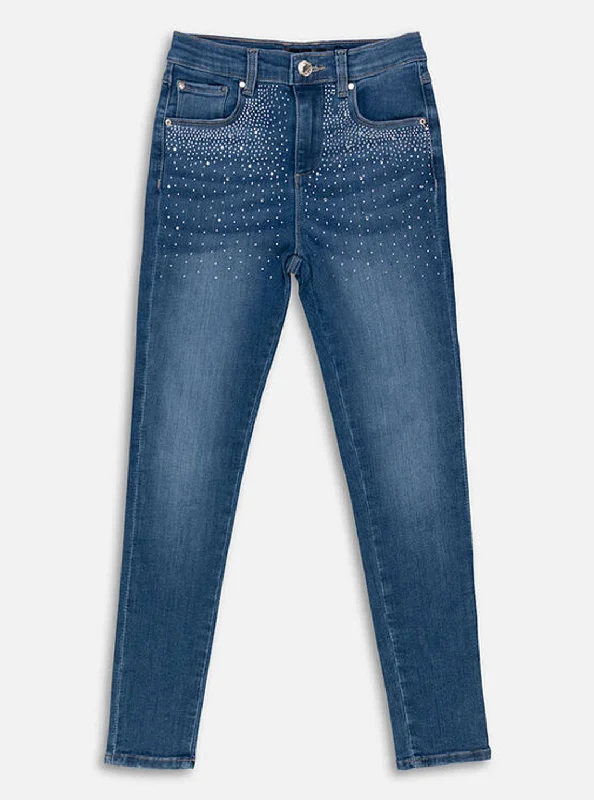 Rhinestone Denim Skinny Jeans In Indigo Wash (7-16)