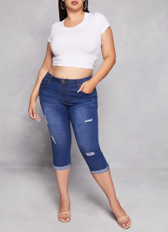 Plus Size VIP Distressed Cuffed Capri Jeans