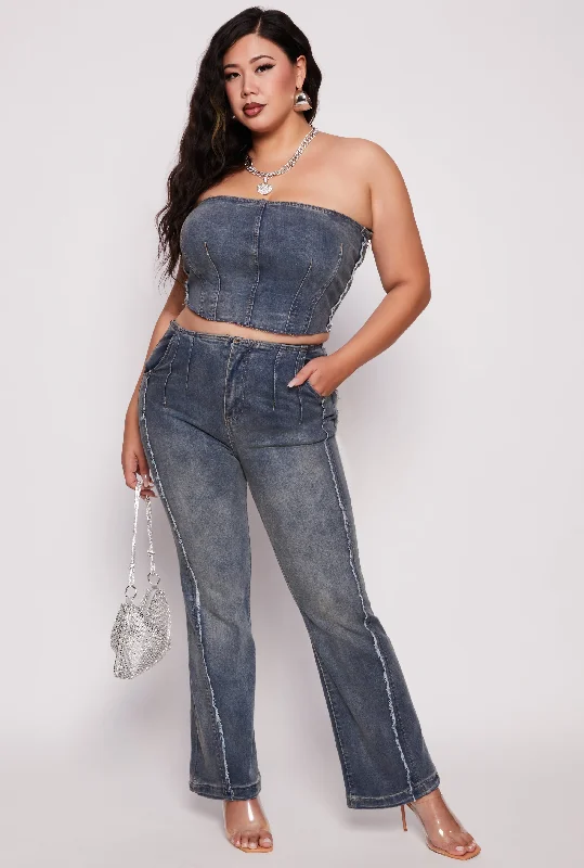 Plus Size Frayed Trim Wide Leg Jeans