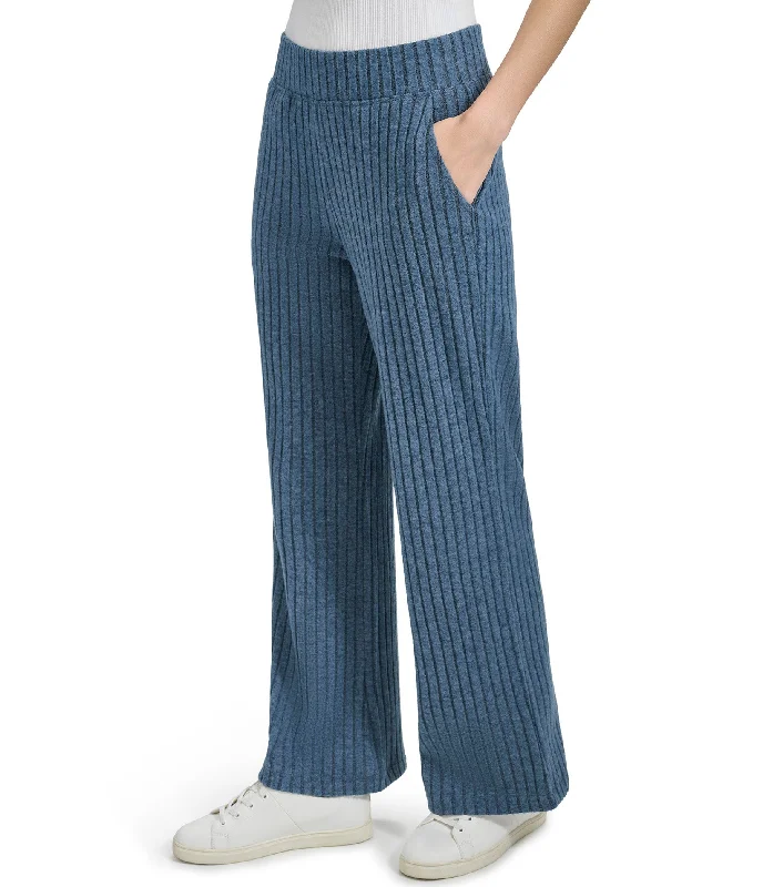 Pull On Wide Leg Heather Ribbed Pants with Slits