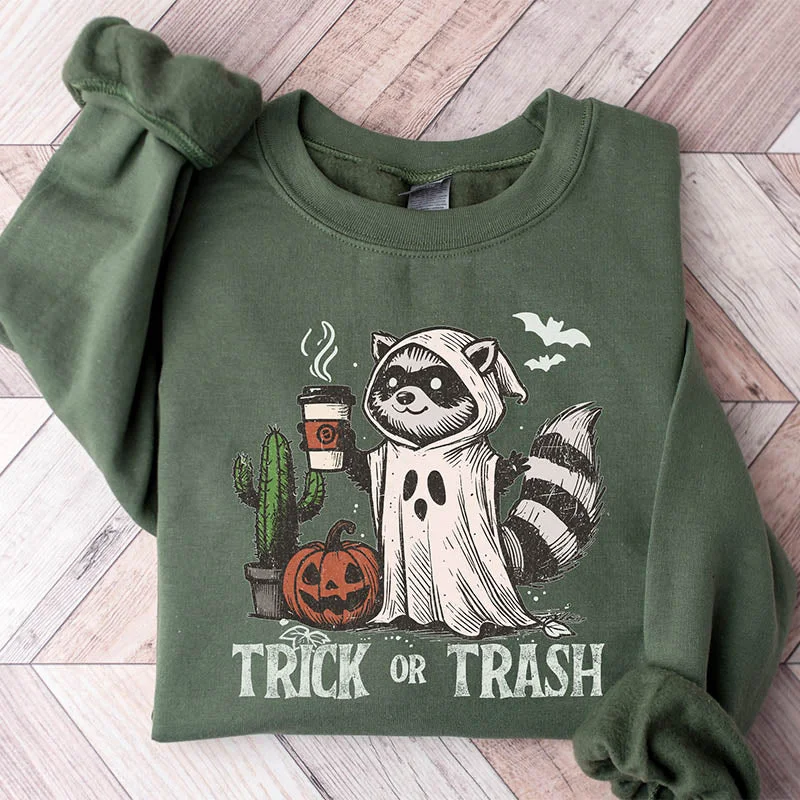 Trick or Trash Ghost Raccoon Drinking Coffee Sweatshirt