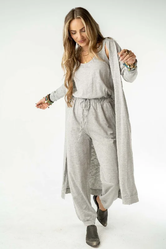 Set to Go Textured Jumpsuit And Cardigan Set - Heather Gray