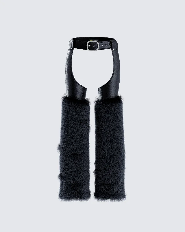 Zaria Black Vegan Leather Fur Trim Chaps