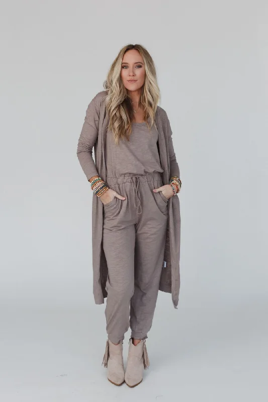 Set to Go Textured Jumpsuit And Cardigan Set - Mocha