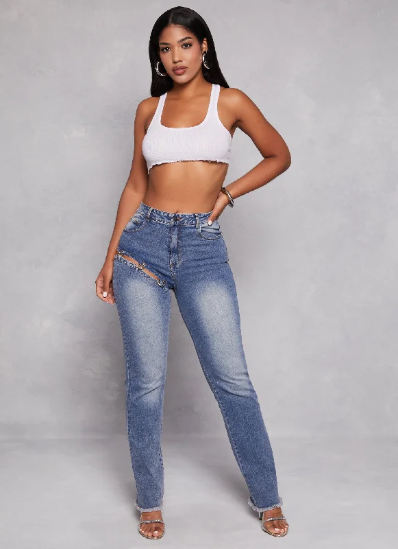 Cut Out Ring Detail Straight Leg Jeans