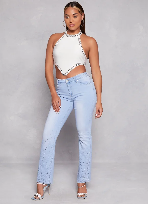 WAX Rhinestone Raw Hem Boot Cut Jeans