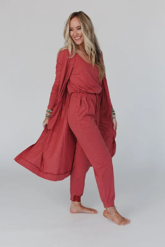 Set to Go Textured Jumpsuit And Cardigan Set - Deep Rust