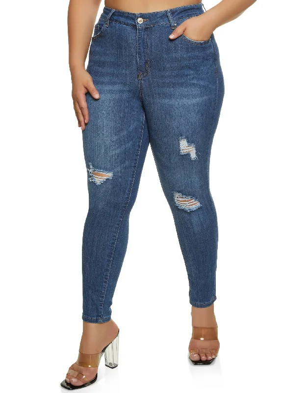 Plus Size WAX Distressed Whiskered High Waisted Skinny Jeans