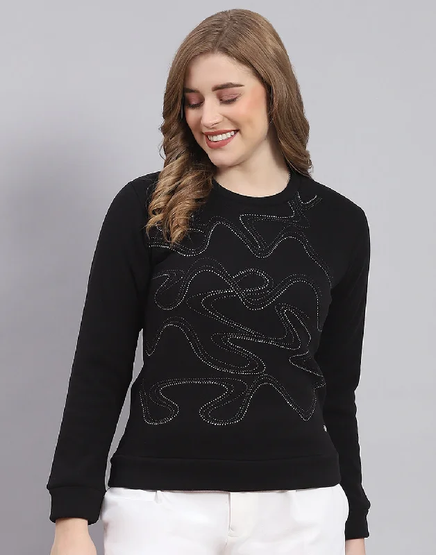 Women Black Printed Round Neck Full Sleeve Sweatshirt