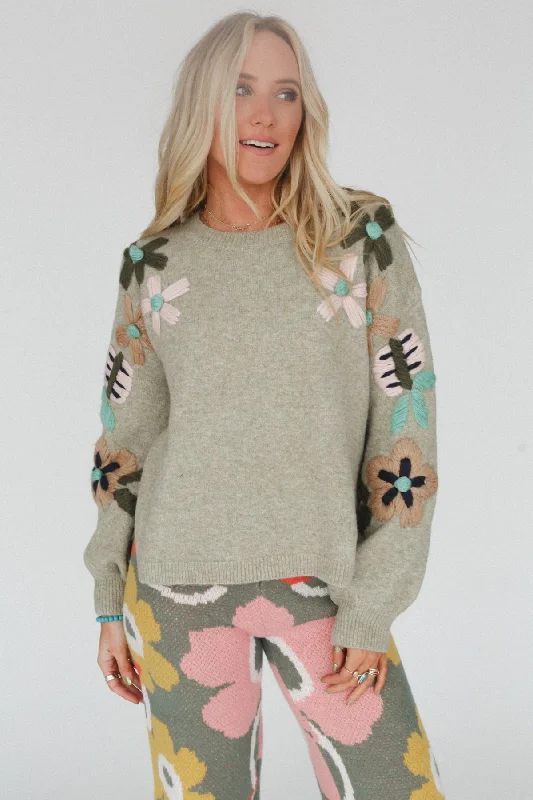 Wild Blossom Embroidered Sweater - Sage