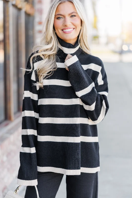 Have Your Fun Black/Taupe Striped Turtleneck Sweater