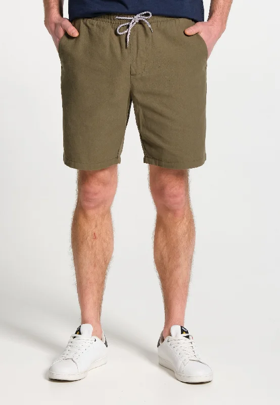 Short homme kaki en coton taille élastiquée avec cordon