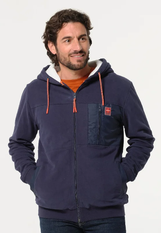 Sweatshirt homme bleu marine avec tirette et capuche, intérieur beige