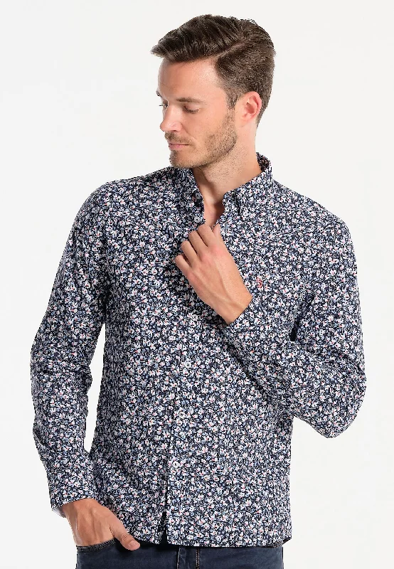 Chemise homme collector bleue marine avec fleurs blanches