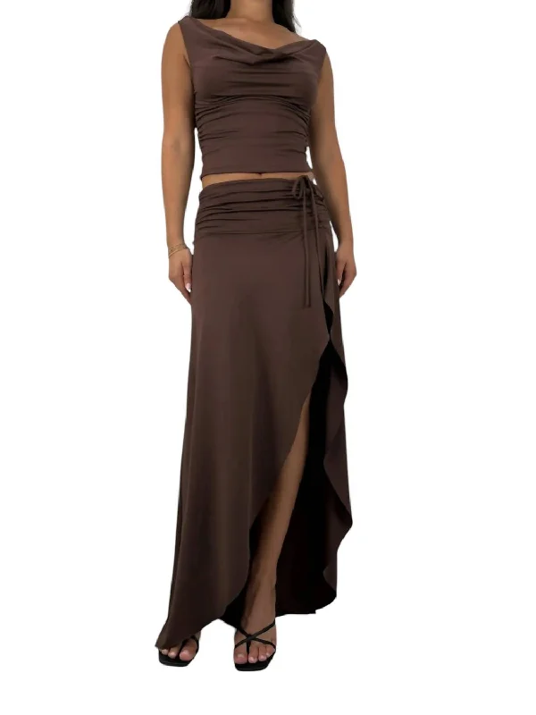 Asymmetrical Ruched Midi Skirt In Brown