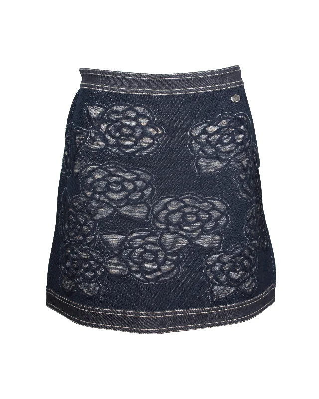 Chanel Floral Motif Denim Mini Skirt in Navy Blue Cotton