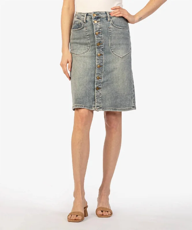 Rose Button Front Denim Skirt In 89% Cotton, 10% Polyester, 1% Spandex